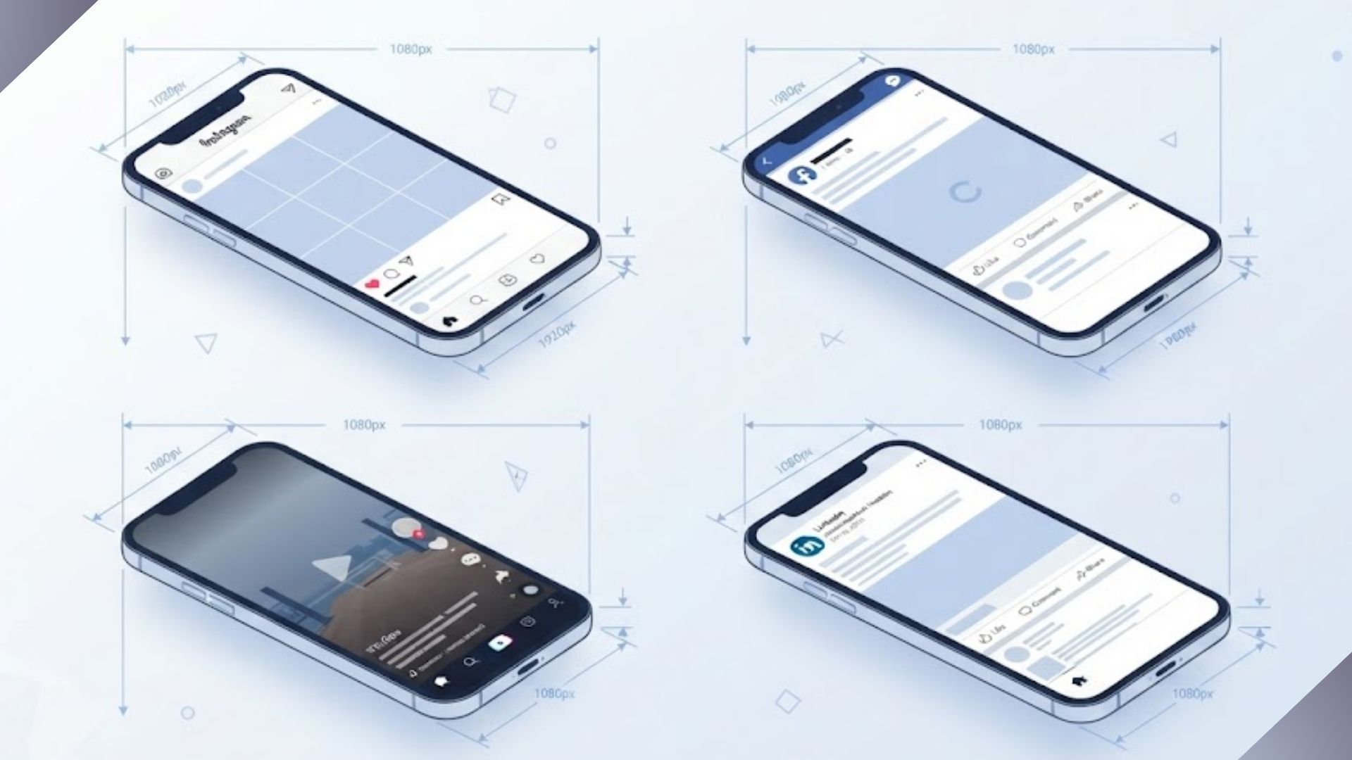 Isometric illustration of four smartphone mockups displaying different social media interfaces with dimension lines indicating specific Social Media Image Sizes like 1080px by 1920px.