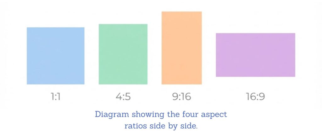 Four social media image aspect ratios square portrait vertical and landscape compared side by side