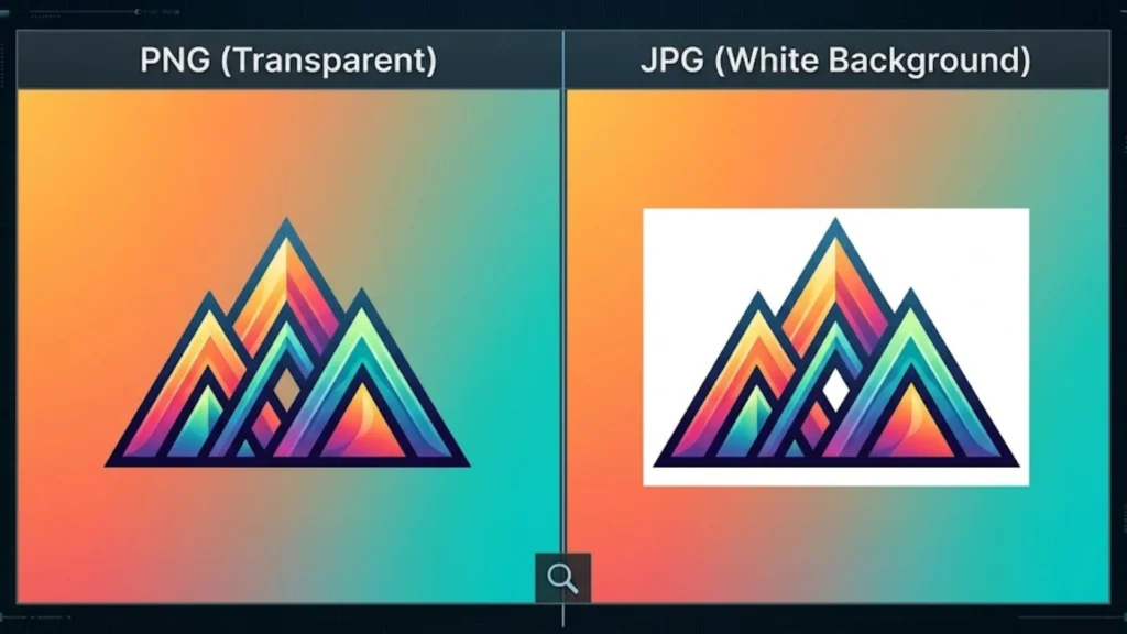 Side-by-side comparison showing a PNG image with a transparent background (checkerboard pattern visible) next to a JPG image with a solid white background, highlighting the transparency support of PNG versus the opaque fill of JPG.