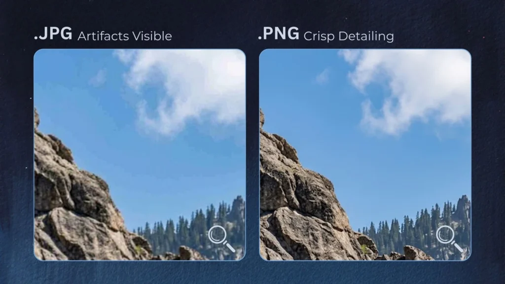 Split comparison image showing JPG on one side with visible compression artifacts and blurring, versus PNG on the other side with sharp, clear detailing and no distortion.