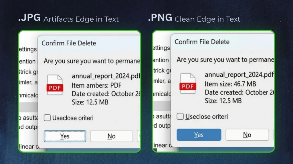 Side-by-side comparison for png vs jpg showing a UI dialog box where JPG has blurry, artifact-ridden text edges while PNG displays clean, sharp text edges, proving PNG's superiority for text-heavy images.