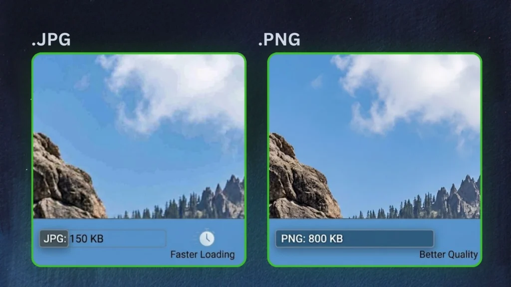 PNG vs JPG size and quality comparison showing JPG at 150 KB for faster loading versus PNG at 800 KB for better quality, illustrating the trade-off between file size and image fidelity.