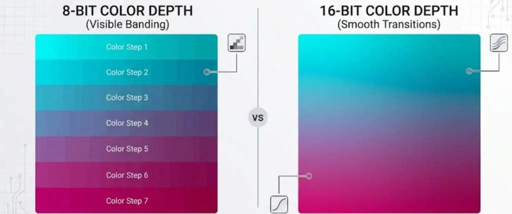 Png vs jpg color depth comparison showing 8-bit with visible banding and color steps versus 16-bit with smooth transitions, demonstrating how higher bit depth improves gradient quality.