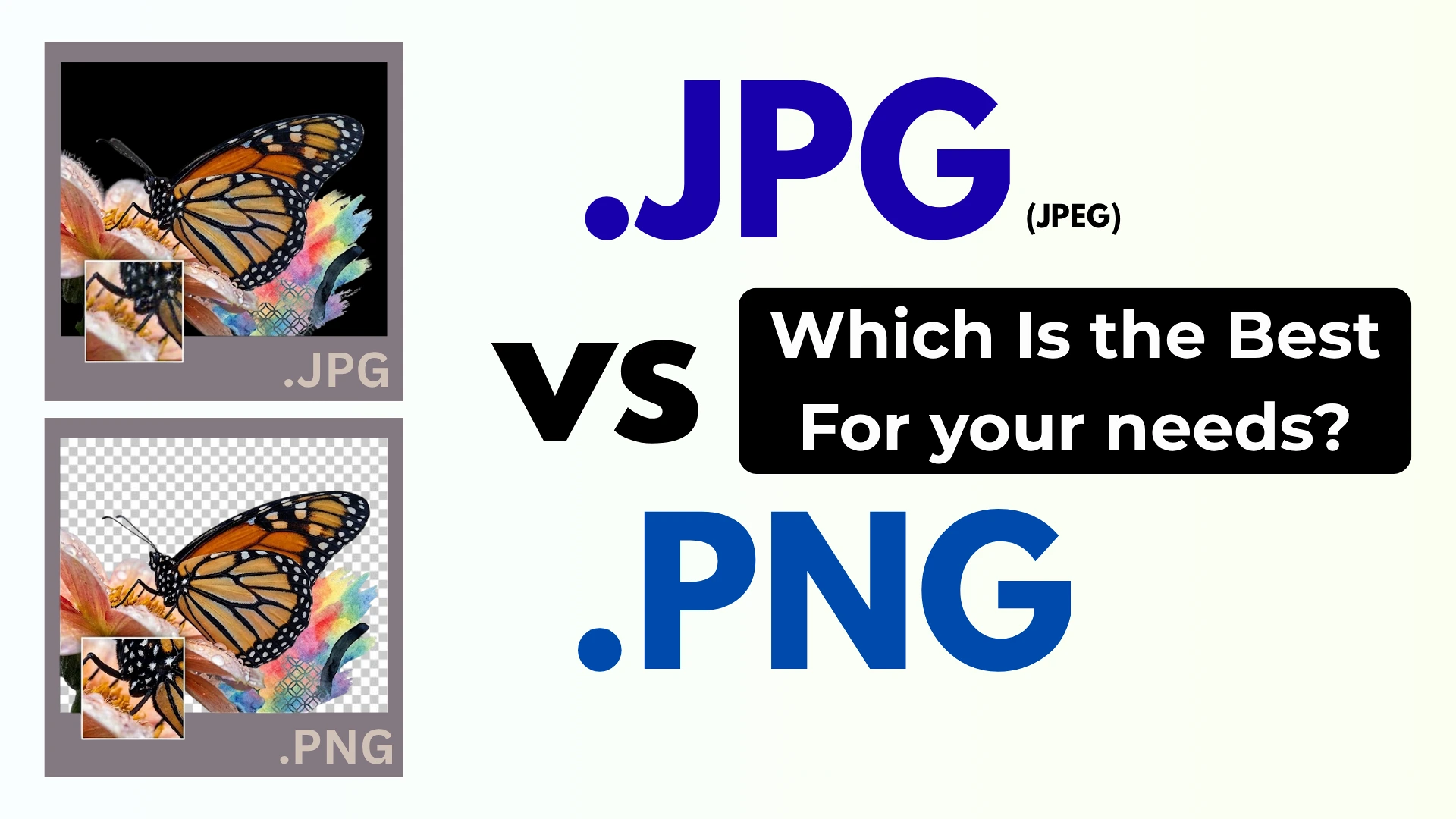Comparison graphic titled "PNG vs JPG – Which Is the Best For Your Needs?" showing two image format labels side by side for file format decision-making.