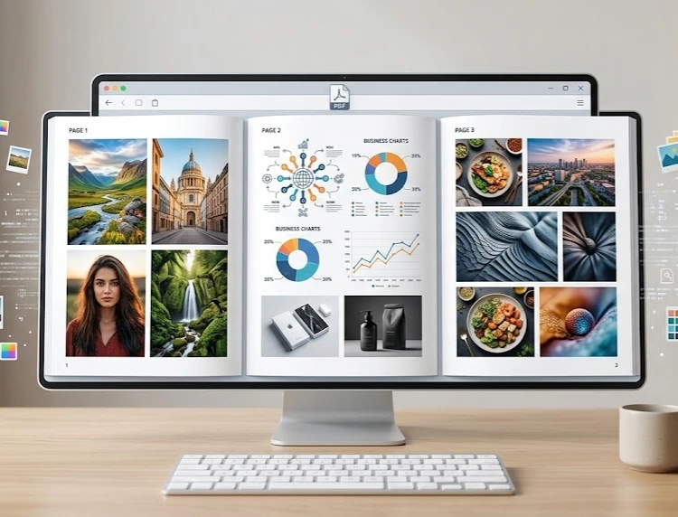 AI-assisted graphic showing an open PDF document on a display, filled with high-resolution photos, charts, and image tiles causing large file sizes
