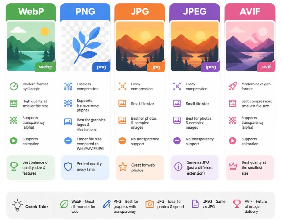WebP vs PNG vs JPG vs JPEG vs AVIF image Comparison