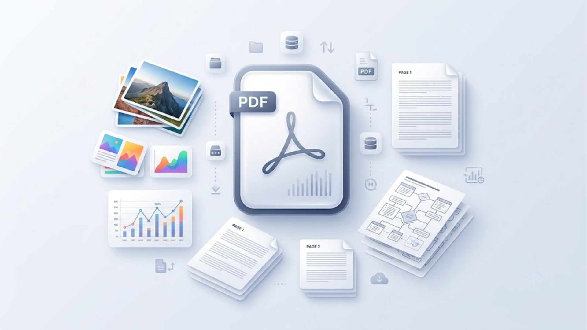 Alt text: Illustration showing a large PDF file with images, scanned pages, graphics, and other elements contributing to file size.