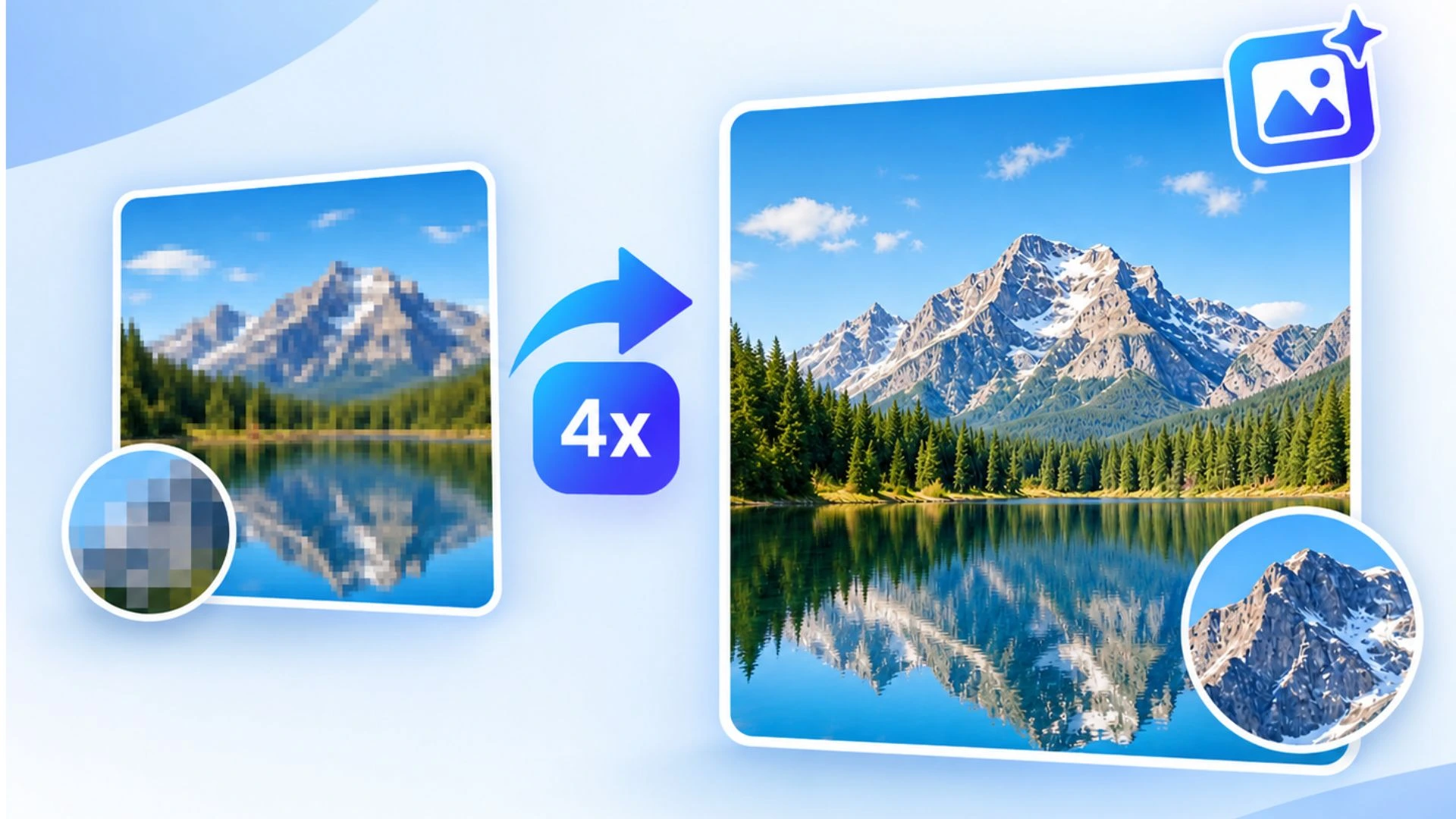 How to Upscale an Image Without Losing Quality: Best Free Image Upscaler 1 Low-resolution pixelated mountain reflection photo being transformed into a high-resolution detailed image using a Free Image Upscaler.