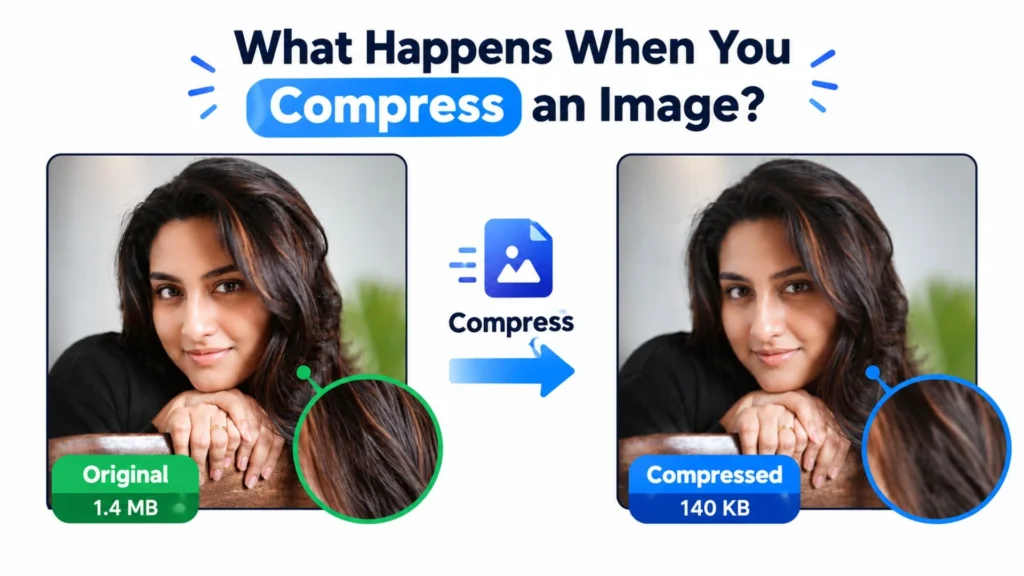 How to Compress Image Without Losing Quality: A Complete Guide 2 A side-by-side comparison illustrating image compression: an original portrait photo labeled 1.4 MB on the left and a compressed photo labeled 140 KB on the right, linked by a blue compression arrow icon.